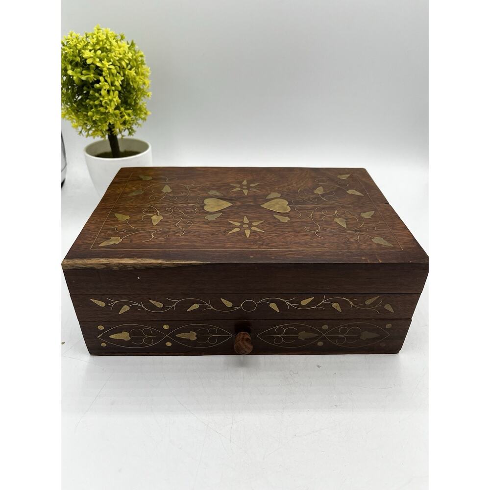 Vintage Indian Rosewood Brass Inlay Jewelry Box Drawer Blue Felt Rajasthan